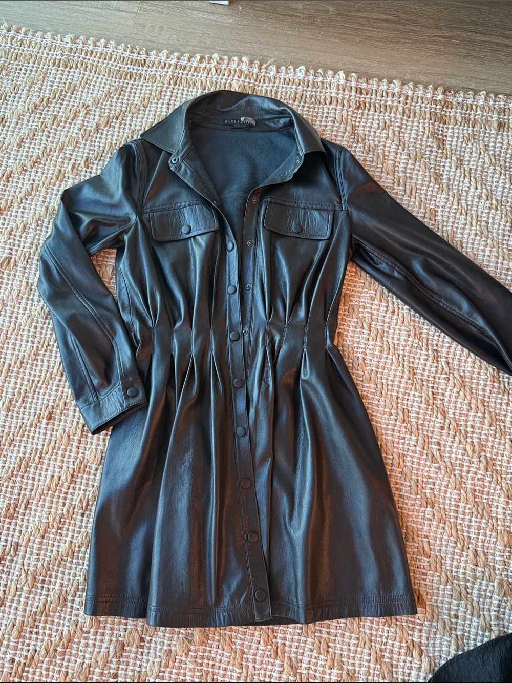 Alice + Olivia Black Faux Leather Shirt Dress